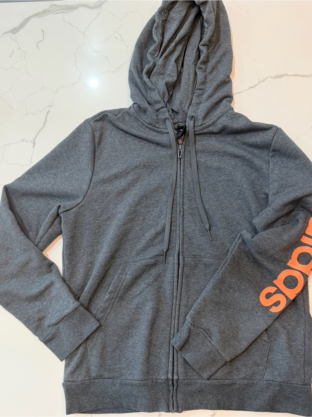 Juniors XL Grey Zip-Up Hoodie with Orange Sleeve Accent